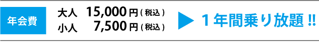 年会費:大人15000円(税込)、小人7500円(税込)、1年間乗り放題!!